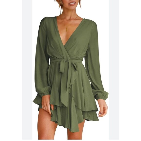 Green Long-Sleeve V-Neck Wrap Dress With Ruffle Hem & Tie Waist - Size L - Picture 1 of 12